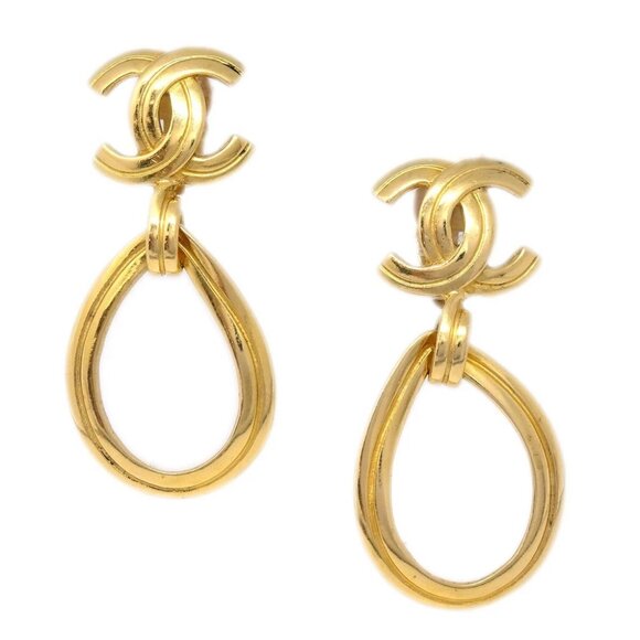 Chanel Dangle Hoop Earrings Gold Clip-On 96P - Picture 1 of 4